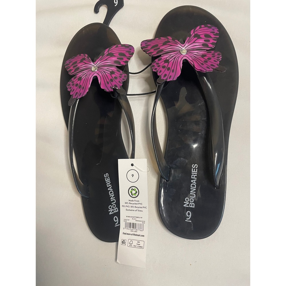No Boundaries Womens 3D Butterfly Flip Flops Black Pink Jelly Sandals Size 9